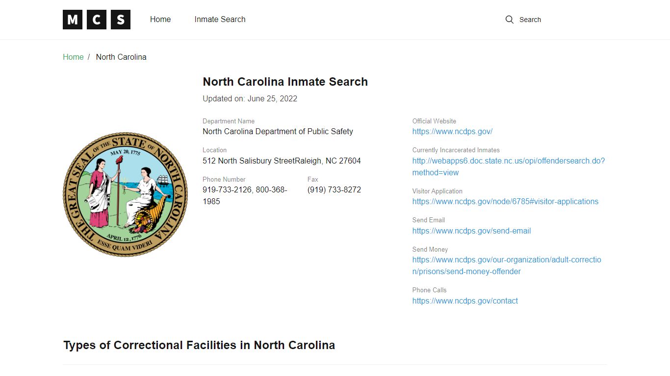 North Carolina Inmate Search – North Carolina Department of Public ...